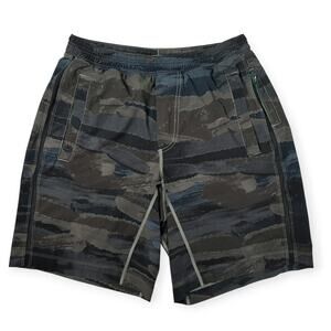 Lululemon Run Response 9 Shorts Mens M Gray Blue Camo Lined Running FLAW